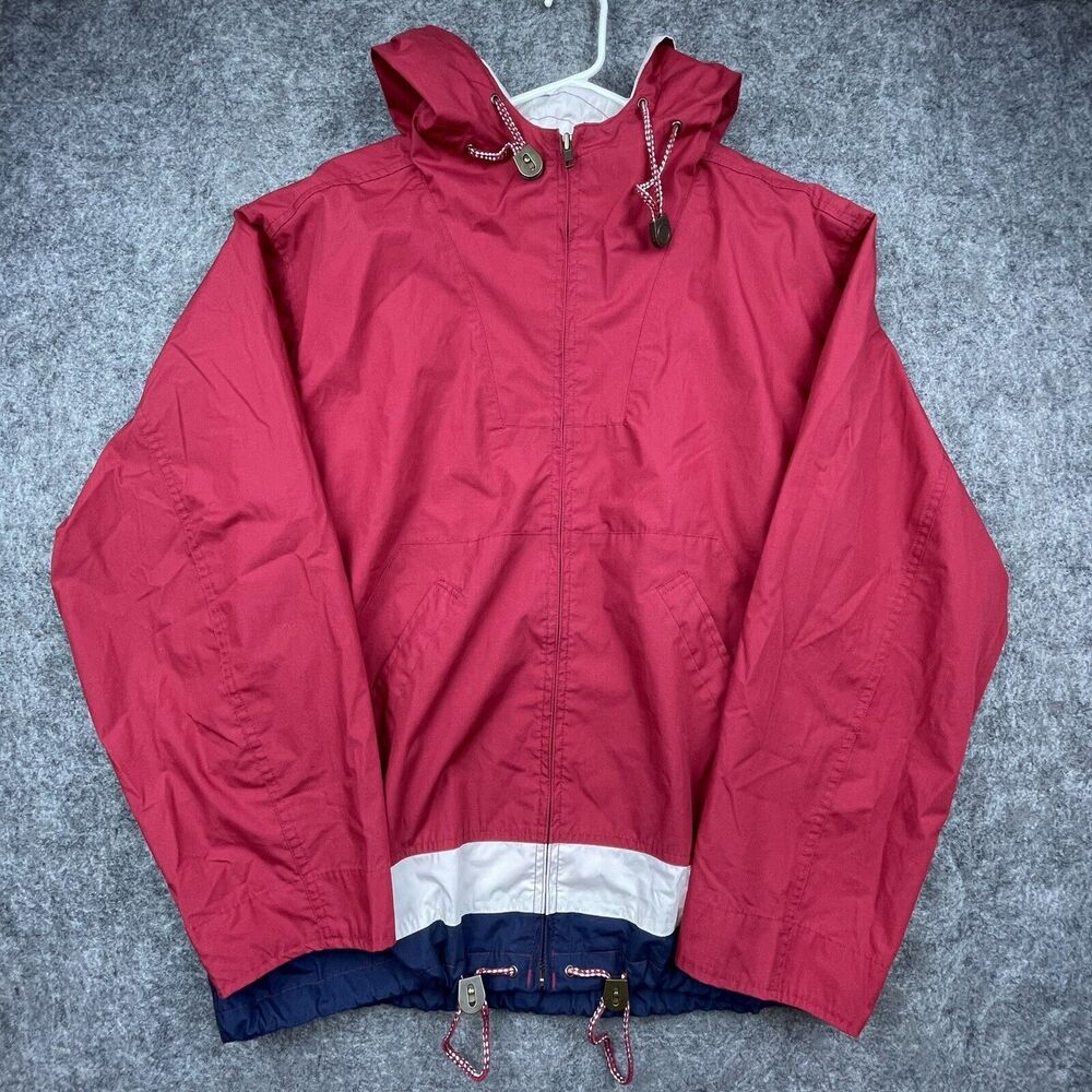 Vintage Merona Jacket Medium Red Windbreaker Mesh Lined Blue White Striped‎ Hood